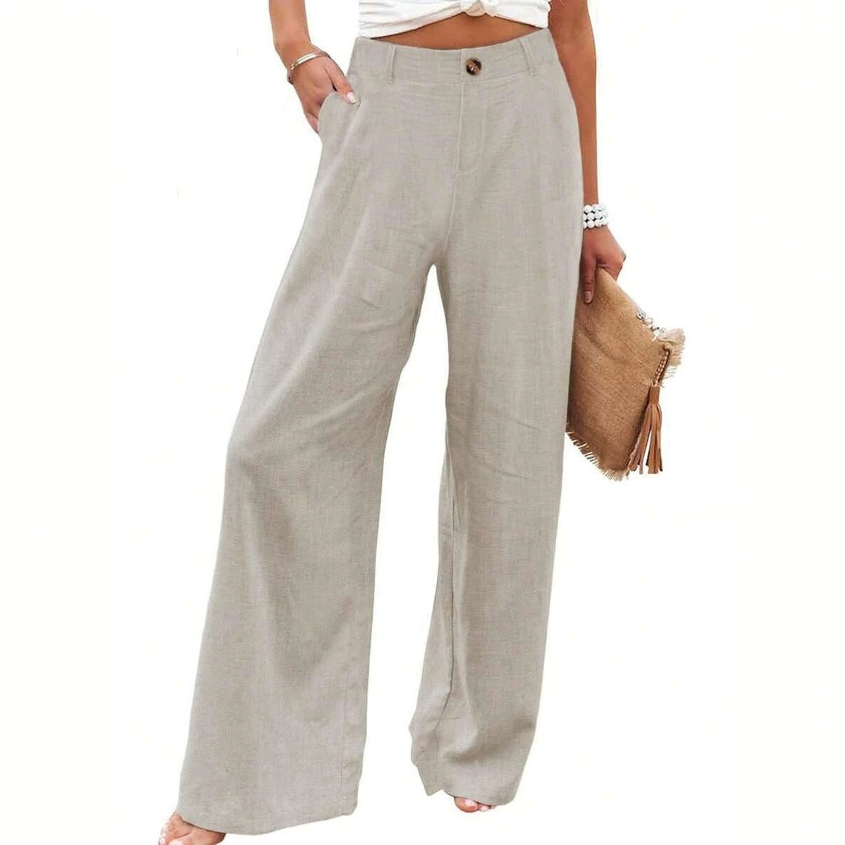 Womens Cotton Linen Pants Casual Wide Leg Trousers
