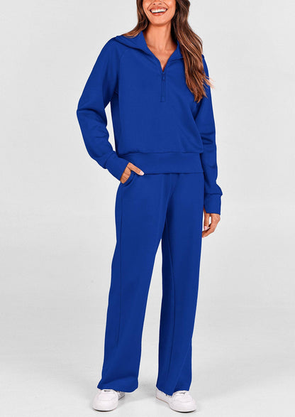 Women's 2 Piece Outfits Casual Lapel Half Zip Sweatshirts And Wide Leg Pants Tracksuit Sets