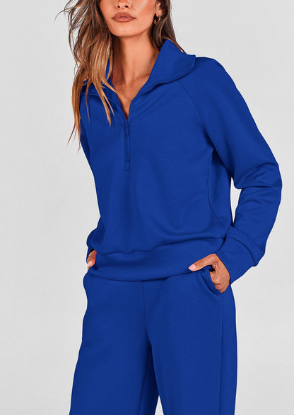 Women's 2 Piece Outfits Casual Lapel Half Zip Sweatshirts And Wide Leg Pants Tracksuit Sets