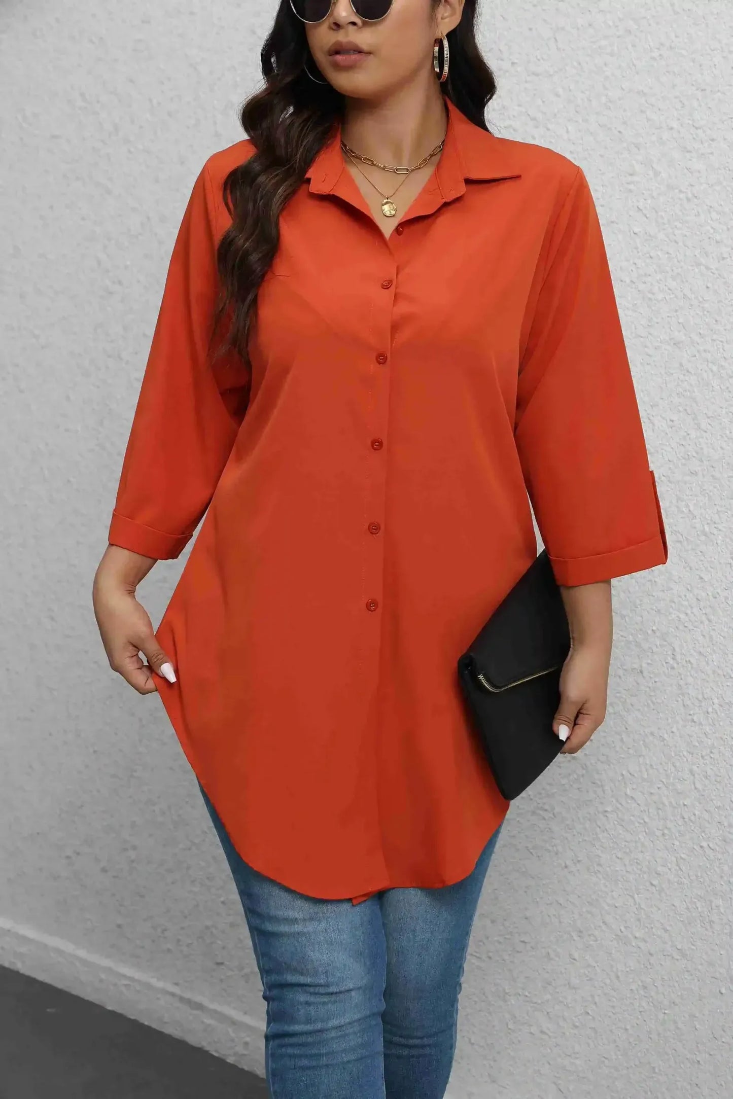 🔥Plus-Size Solid Long Sleeve Button Up Blouse for Spring & Fall