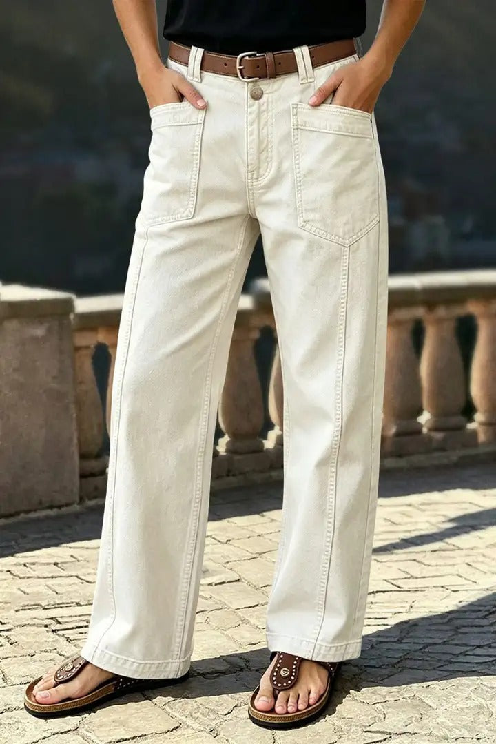 🔥 LAST DAY SALE –Solid Stitch Detail Patch Pocket Mid Rise Straight Leg Pants