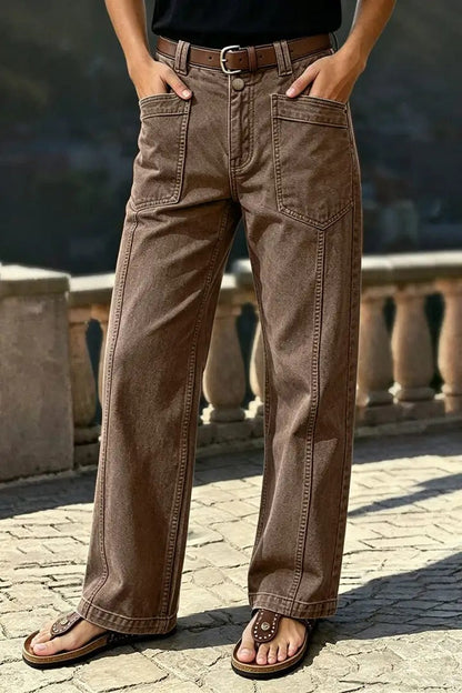 🔥 LAST DAY SALE –Solid Stitch Detail Patch Pocket Mid Rise Straight Leg Pants
