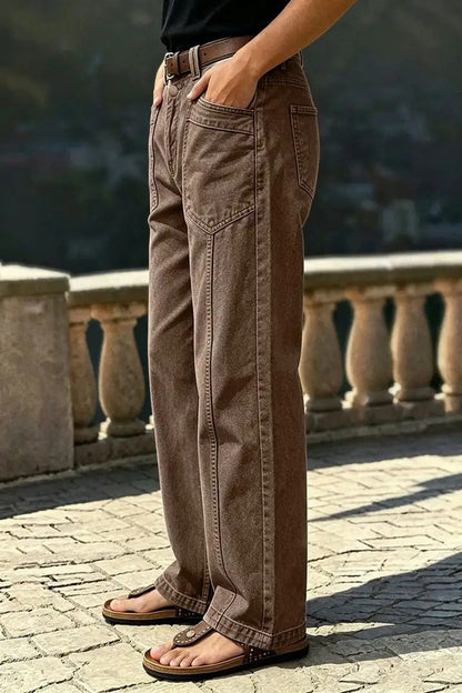🔥 LAST DAY SALE –Solid Stitch Detail Patch Pocket Mid Rise Straight Leg Pants
