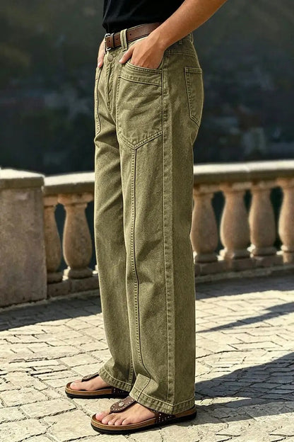 🔥 LAST DAY SALE –Solid Stitch Detail Patch Pocket Mid Rise Straight Leg Pants