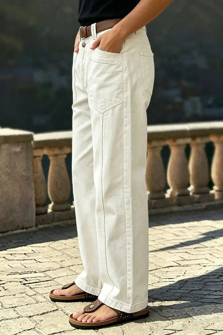 🔥 LAST DAY SALE –Solid Stitch Detail Patch Pocket Mid Rise Straight Leg Pants