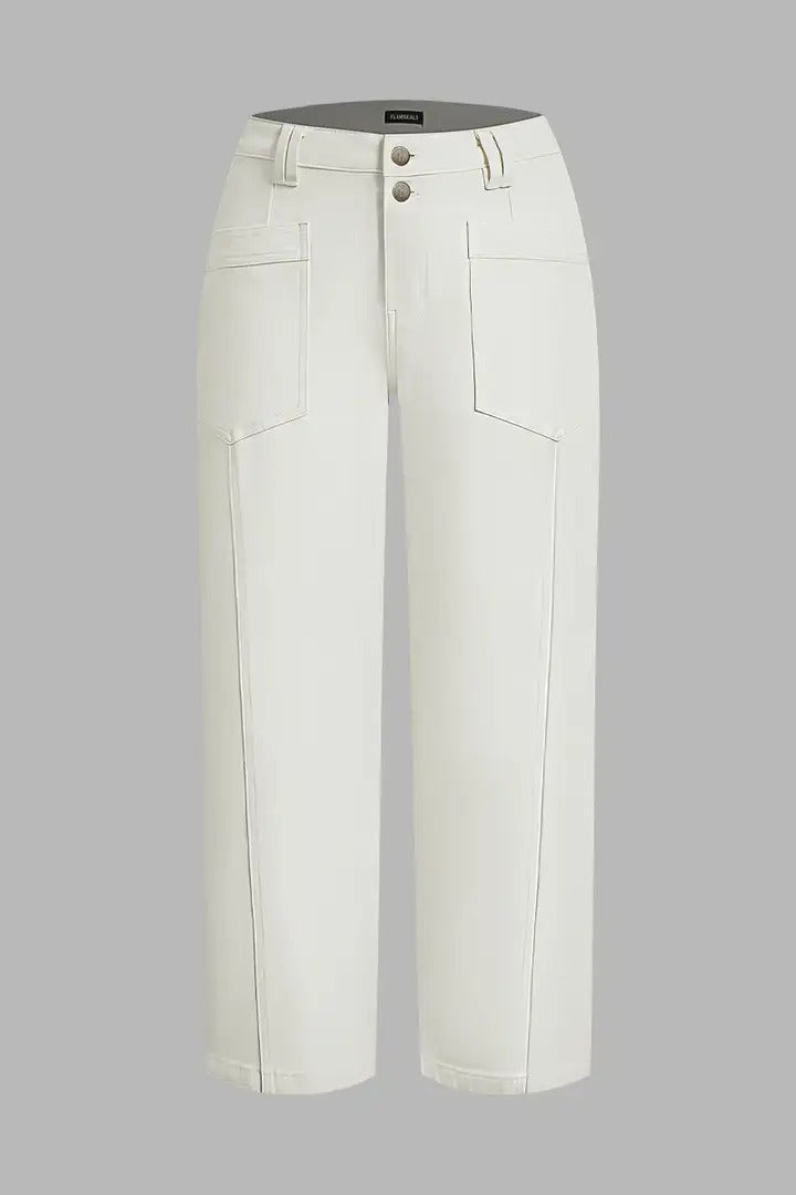 🔥 LAST DAY SALE –Solid Stitch Detail Patch Pocket Mid Rise Straight Leg Pants