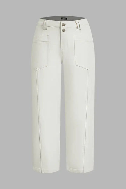 🔥 LAST DAY SALE –Solid Stitch Detail Patch Pocket Mid Rise Straight Leg Pants