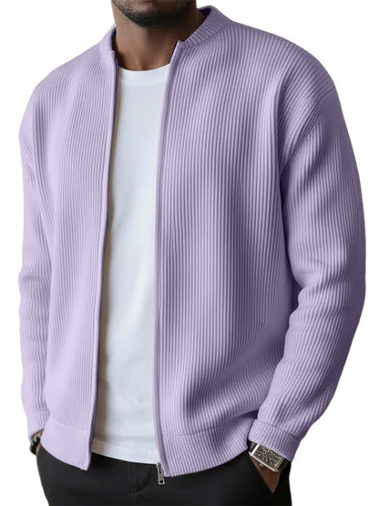 Men's Simple Casual Ribbed Stand Collar Zipper Long Sleeved Jacket（1）
