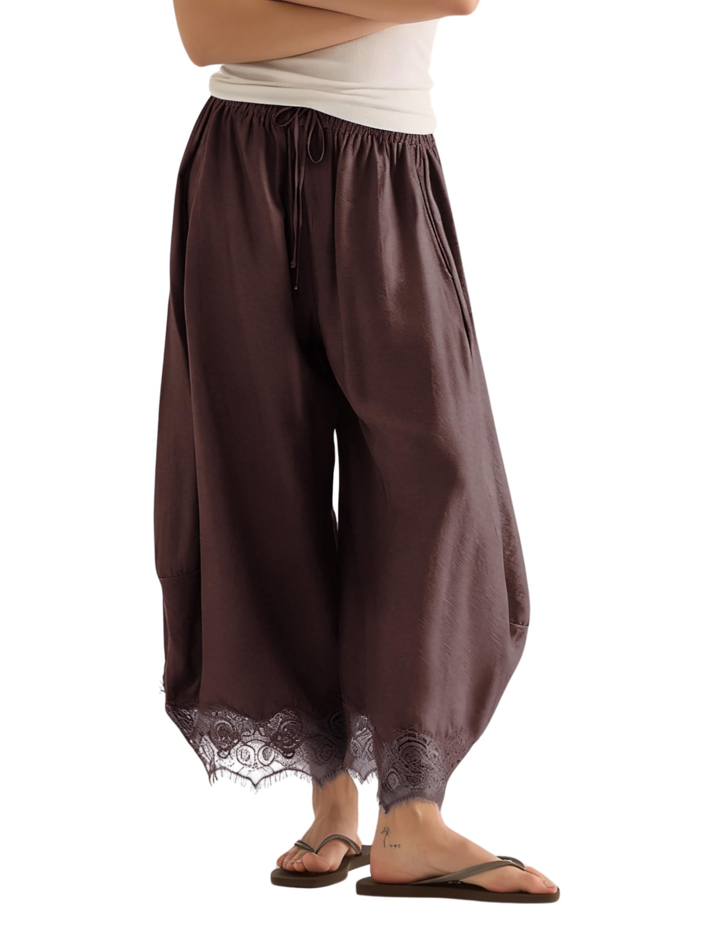 Women’s Lace-Trim Wide-Leg Pants – Lightweight Casual Trousers with Elastic Drawstring Waist