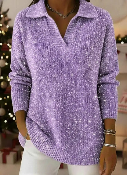 🎄 New Arrivals🔥 Christmas Party Polo Collar Shiny Loose Sweater Top
