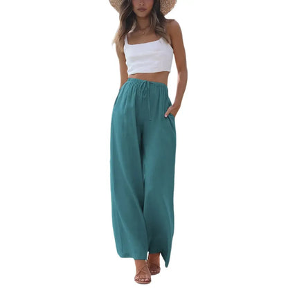 Women's Boho Cotton Linen Wide Leg Pants | High Waist Flowy Beach Palazzo Trousers（1）