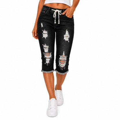 Fashion Distressed Ripped Capri Jeans Plus Size Casual High-Waisted Drawstring Waist Denim Cropped Pants
