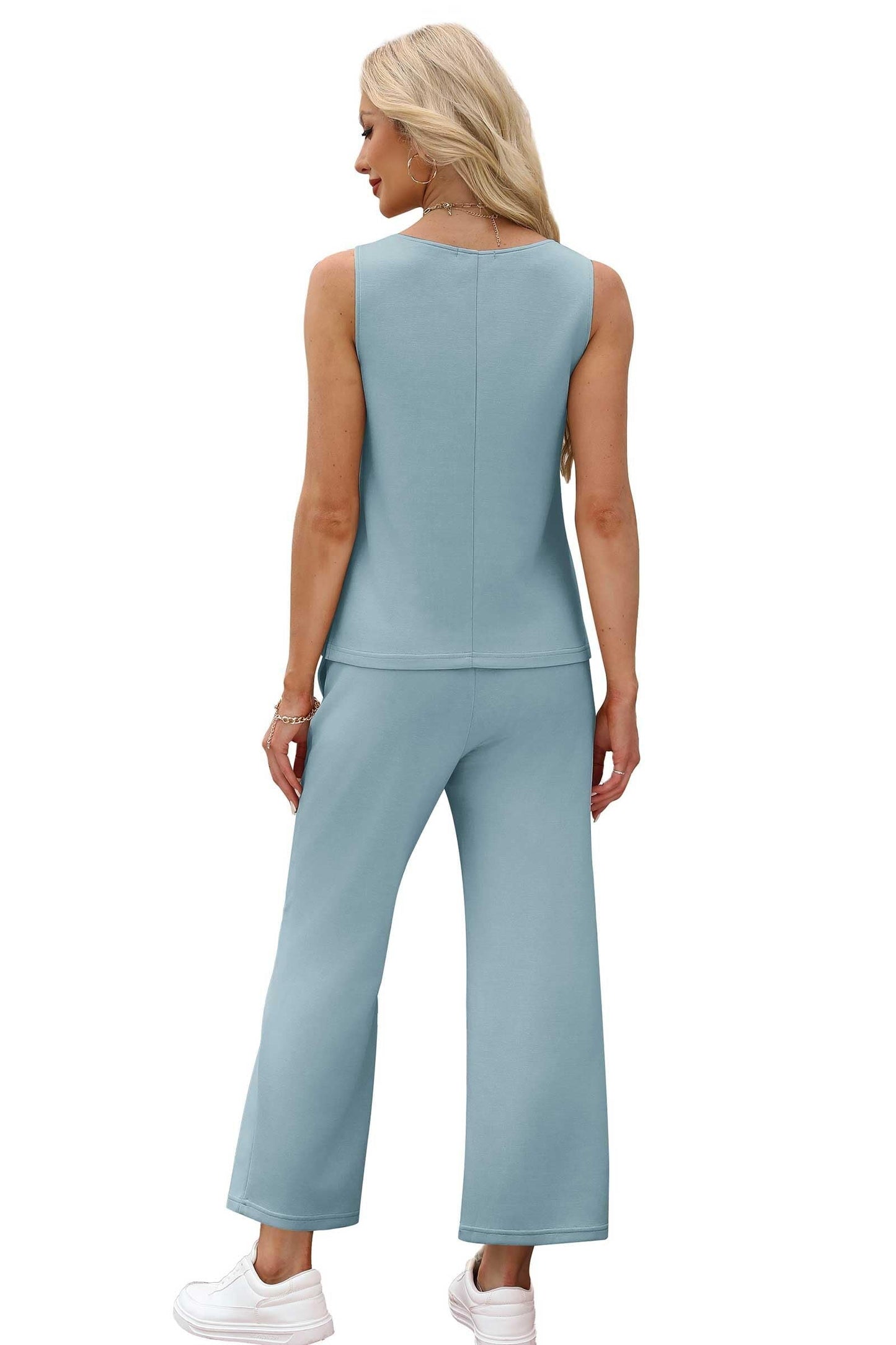 Two Piece Sets for Women Spring/Summer Lounge Sets-Crew neck sleeveless tops with wide leg crop pants