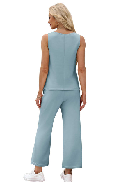 Two Piece Sets for Women Spring/Summer Lounge Sets-Crew neck sleeveless tops with wide leg crop pants