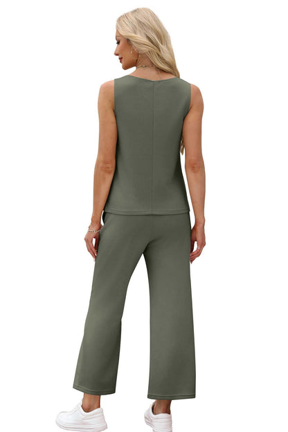 Two Piece Sets for Women Spring/Summer Lounge Sets-Crew neck sleeveless tops with wide leg crop pants