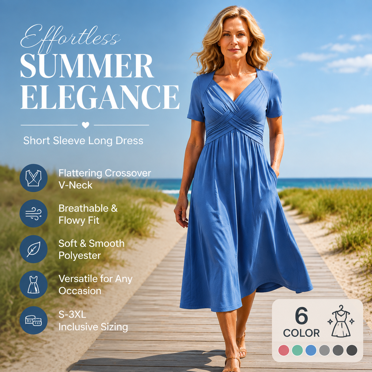 🔥Summer Clearance Sale🔥V-Neck Short Sleeve Dress – Flowy Fit, Timeless Charm
