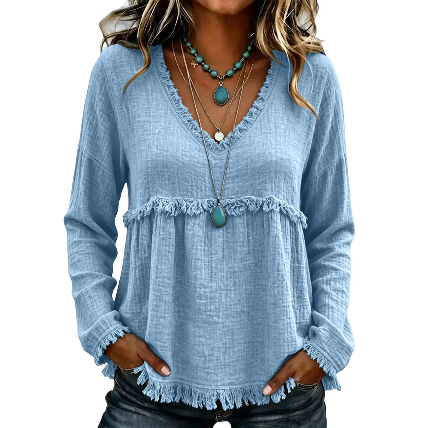 Boho Western Fringe V‑Neck Long Sleeve Blouse, Women Loose Fit Fall Tunic Top