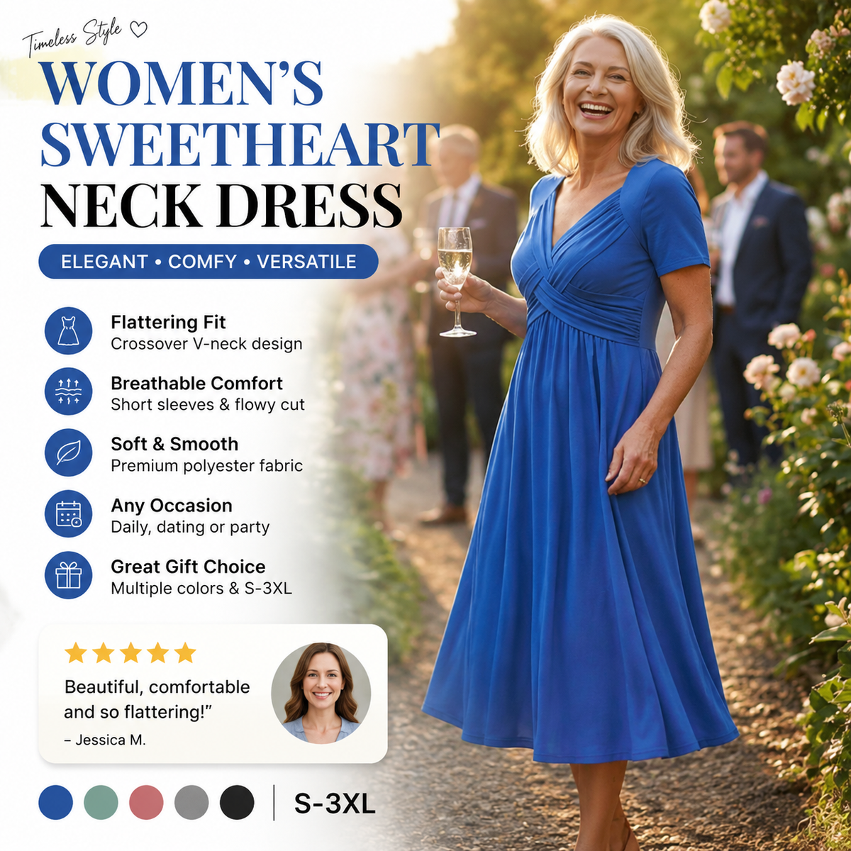 🔥Summer Clearance Sale🔥V-Neck Short Sleeve Dress – Flowy Fit, Timeless Charm