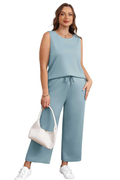 Two Piece Sets for Women Spring/Summer Lounge Sets-Crew neck sleeveless tops with wide leg crop pants