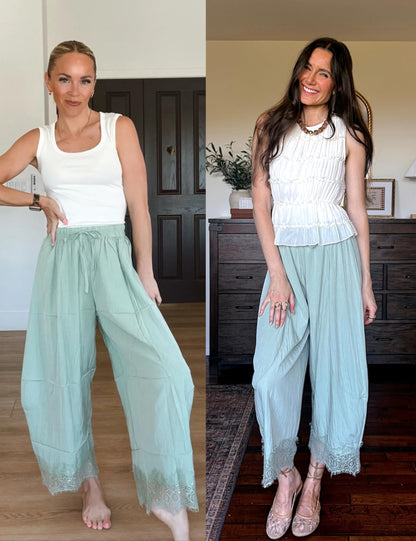 Women’s Lace-Trim Wide-Leg Pants – Lightweight Casual Trousers with Elastic Drawstring Waist