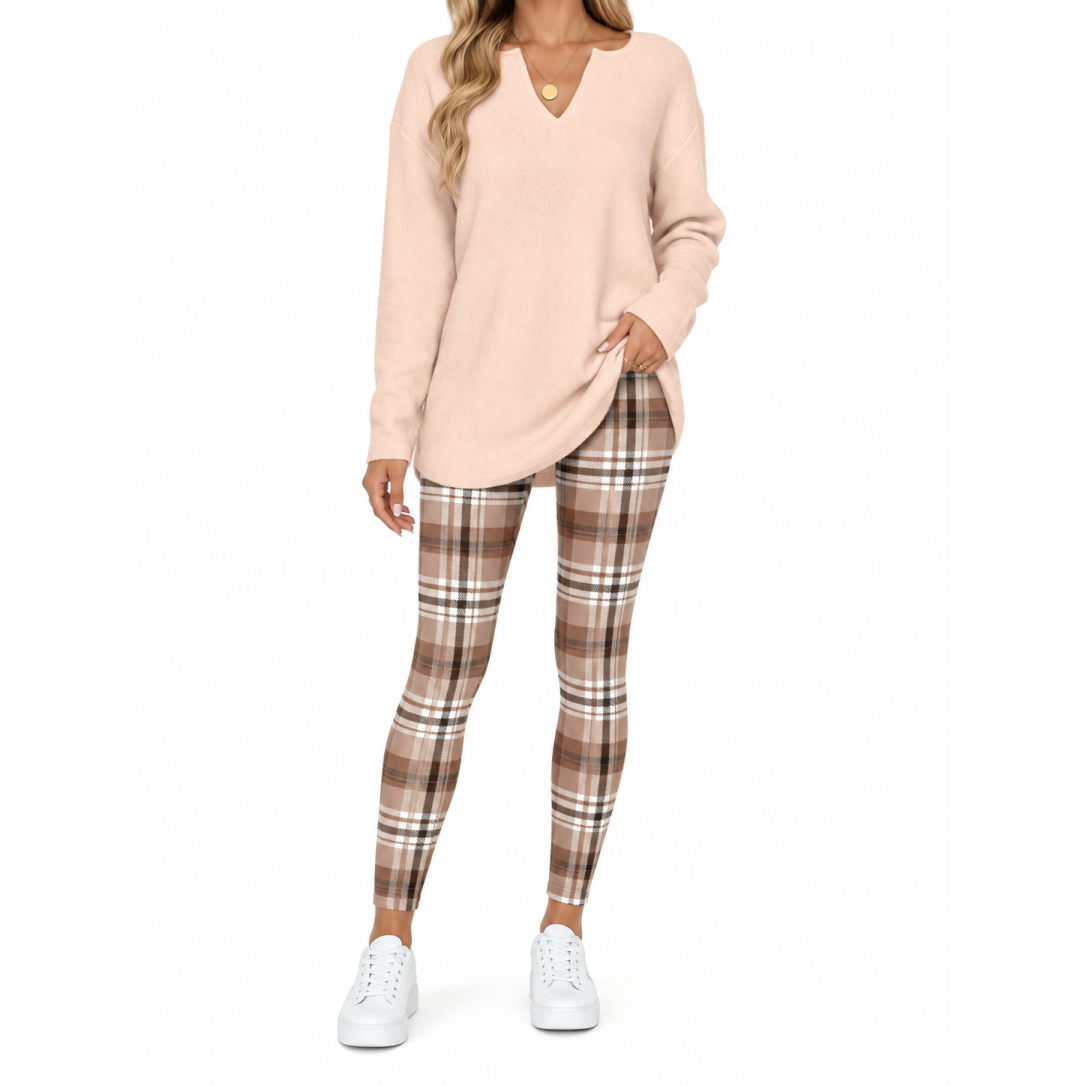 Women's Lounge Set – Long Sleeve Top & Plaid Leggings