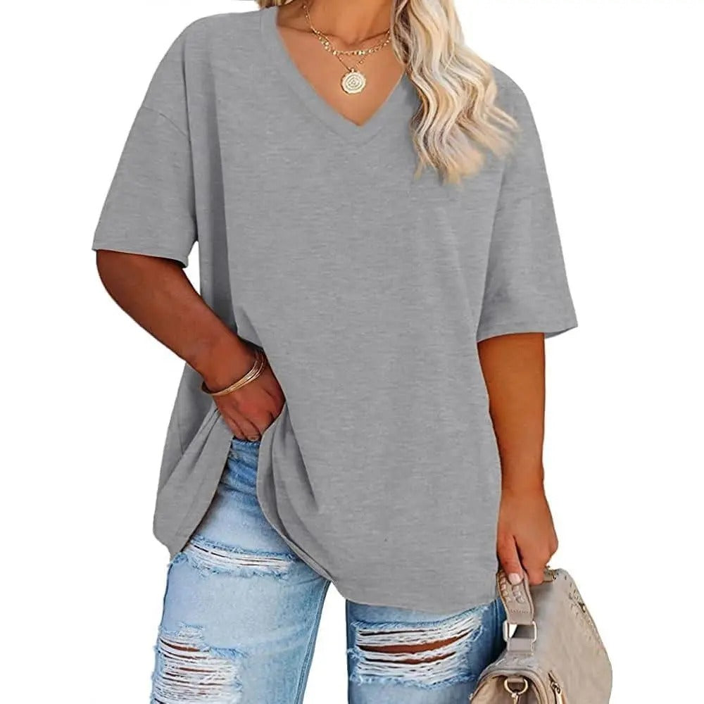 Women's Plus Size V Neck T Shirts Summer Half Sleeve Tees Casual Loose Fit Cotton Tunic Tops.