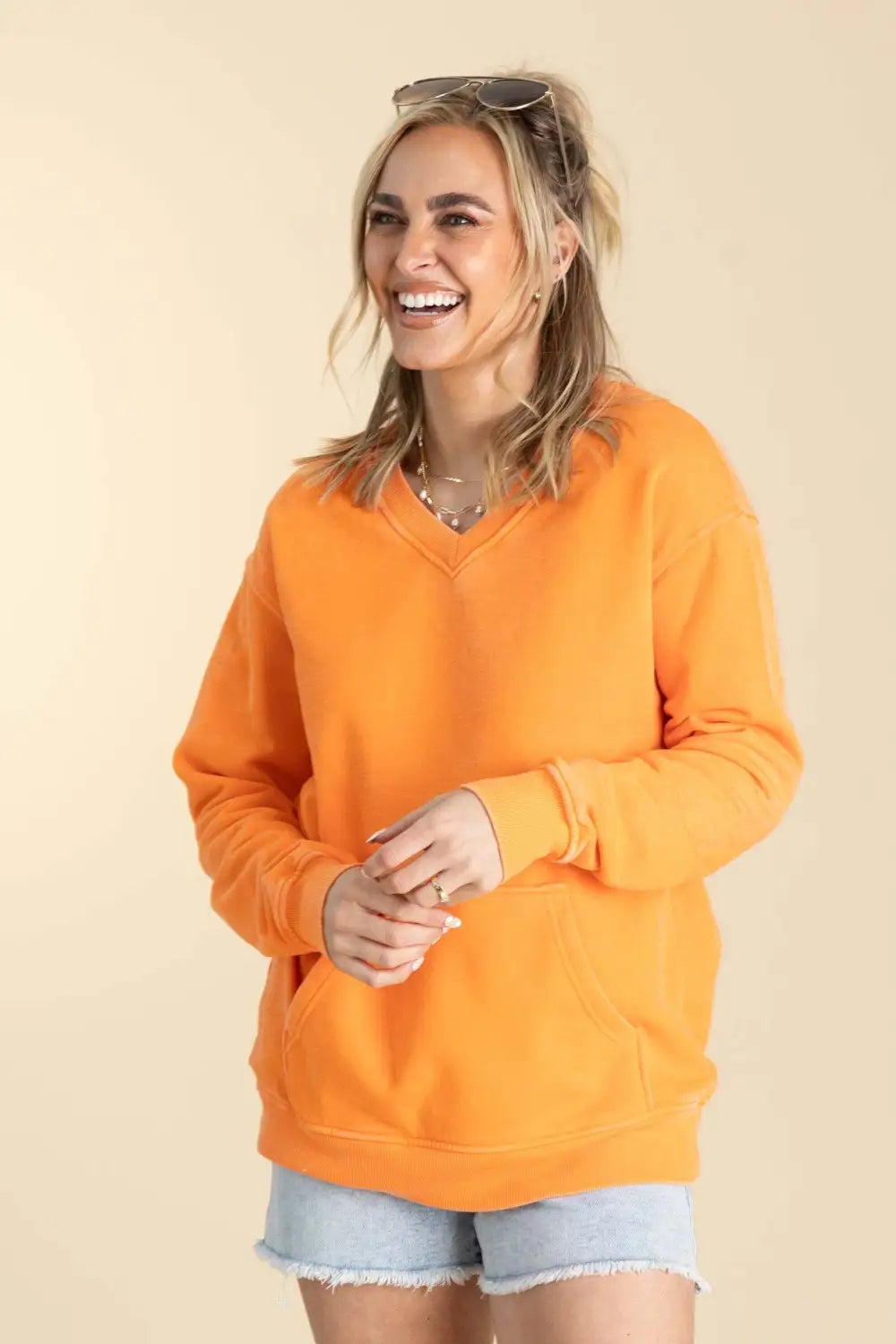 Your Favorite Is Back! Pigment Dyed Cozy Campfire V-Neck Sweatshirt