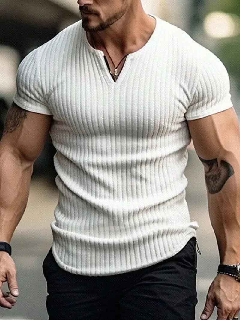 Men's Spring/Summer Striped V-Neck Short-Sleeve T-Shirt