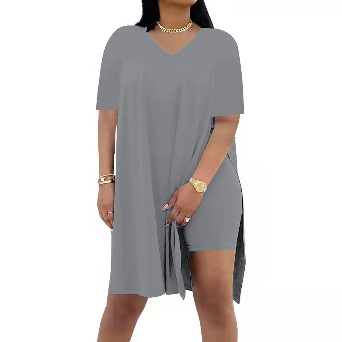 🔥 LAST DAY SALE – Women’s Casual 2-Piece Outfit – Oversized Tunic & Biker Shorts