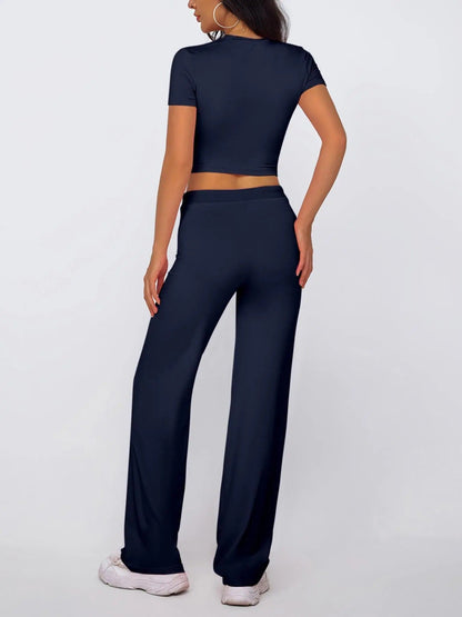 Women's Solid Modal Loungewear Two-Piece Pajama Set, Casual Comfy Soft Round Neck Short Sleeve Tee & Drawstring Pants Set, Ladies Sleepwear for Spring & Fall
