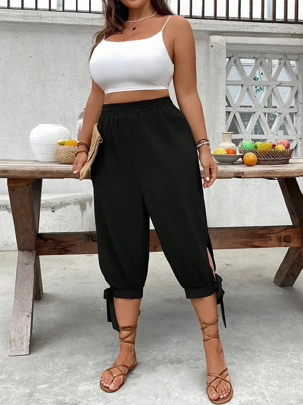 ⏰Last day promotion！Casual Plus Size Plain Capri Pants Elastic Waist Trousers with Side Slit