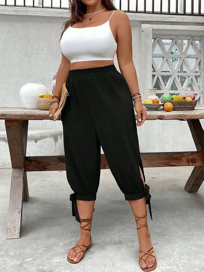 ⏰Last day promotion！Casual Plus Size Plain Capri Pants Elastic Waist Trousers with Side Slit
