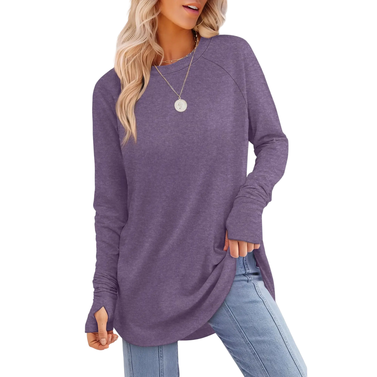 Womens Long Sleeve Round Neck Tunic Tops⭐