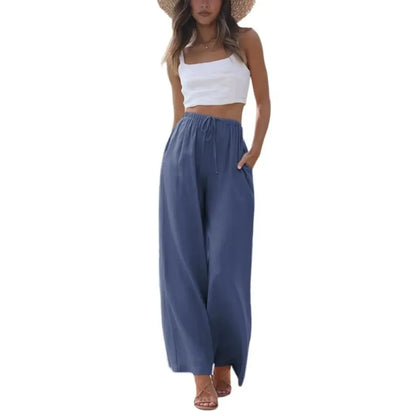 Women's Boho Cotton Linen Wide Leg Pants | High Waist Flowy Beach Palazzo Trousers（1）