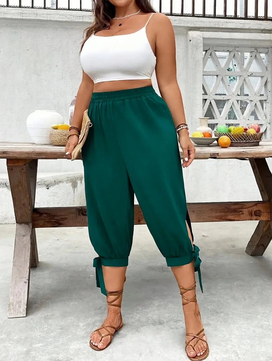 ⏰Last day promotion！Casual Plus Size Plain Capri Pants Elastic Waist Trousers with Side Slit