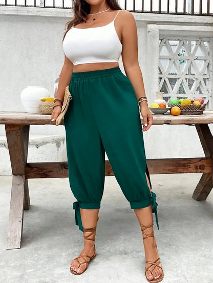 ⏰Last day promotion！Casual Plus Size Plain Capri Pants Elastic Waist Trousers with Side Slit