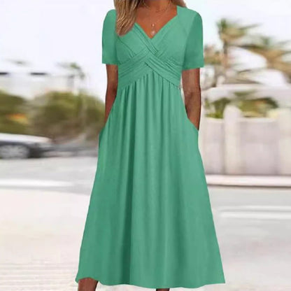 🔥Summer Clearance Sale🔥V-Neck Short Sleeve Dress – Flowy Fit, Timeless Charm