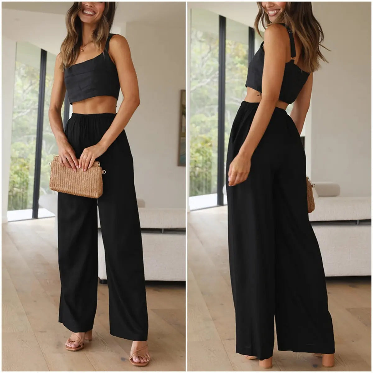 Women's Boho Cotton Linen Wide Leg Pants | High Waist Flowy Beach Palazzo Trousers（1）