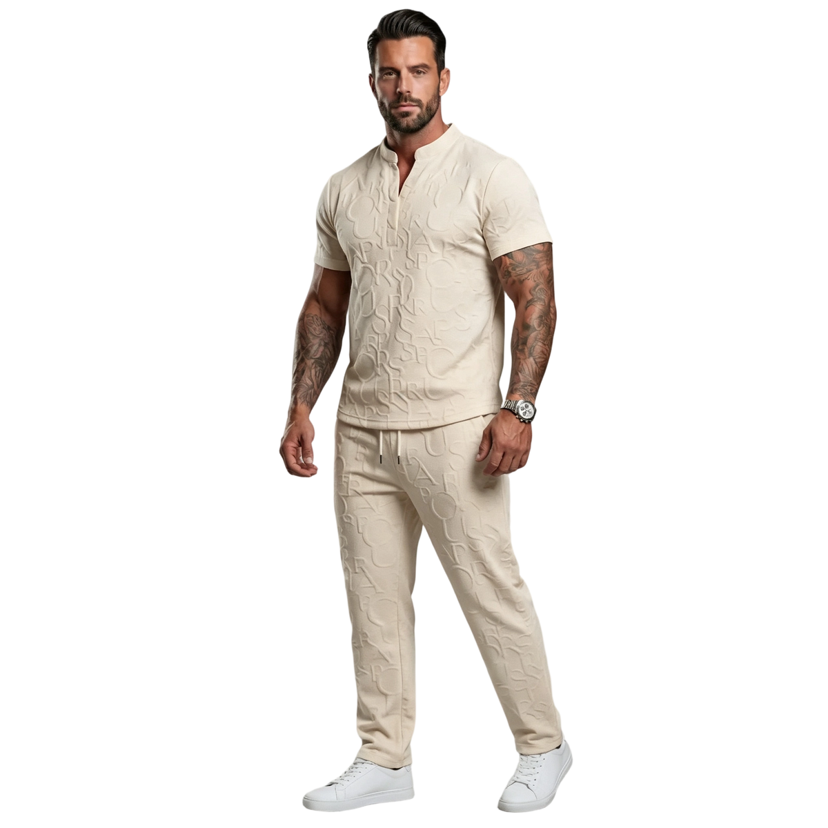 Men's Casual Textured Notched Neck Tee & Regular-Fit Drawstring Trousers