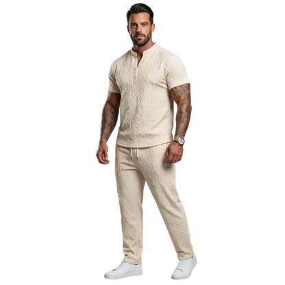 Men's Casual Textured Notched Neck Tee & Regular-Fit Drawstring Trousers