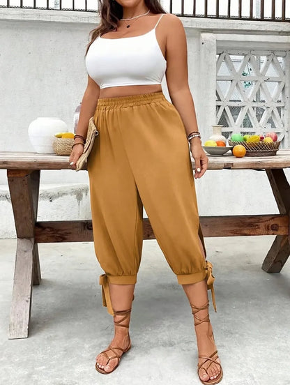 ⏰Last day promotion！Casual Plus Size Plain Capri Pants Elastic Waist Trousers with Side Slit