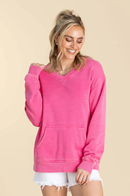 Your Favorite Is Back! Pigment Dyed Cozy Campfire V-Neck Sweatshirt