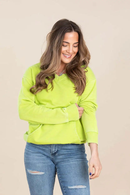 Your Favorite Is Back! Pigment Dyed Cozy Campfire V-Neck Sweatshirt