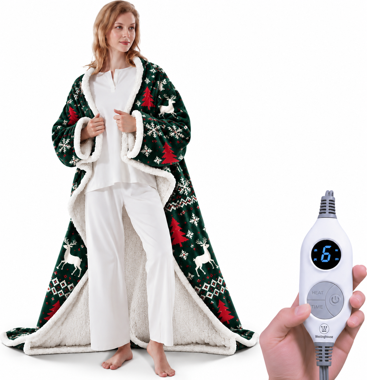 🔥 Wearable Heated Sherpa Blanket with Foot Pocket – Cozy Warmth & Auto Shut-Off