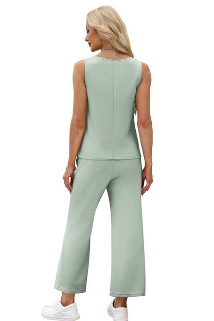 Two Piece Sets for Women Spring/Summer Lounge Sets-Crew neck sleeveless tops with wide leg crop pants
