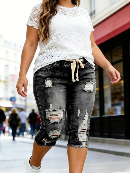 Fashion Distressed Ripped Capri Jeans Plus Size Casual High-Waisted Drawstring Waist Denim Cropped Pants