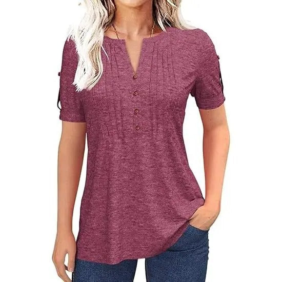 🔥Women’s V Neck T Shirt – Casual Pleated Button Top, Loose Fit Short