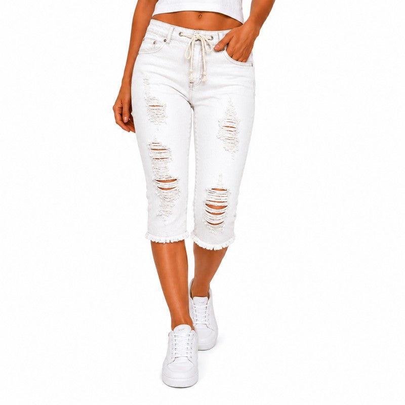 Fashion Distressed Ripped Capri Jeans Plus Size Casual High-Waisted Drawstring Waist Denim Cropped Pants