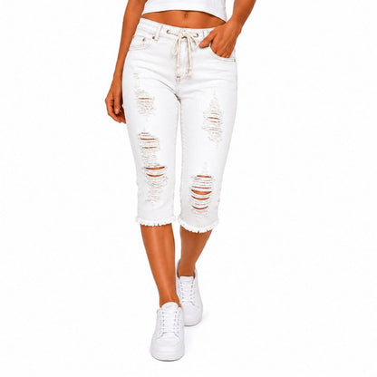 Fashion Distressed Ripped Capri Jeans Plus Size Casual High-Waisted Drawstring Waist Denim Cropped Pants