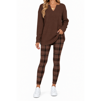 Women's Lounge Set – Long Sleeve Top & Plaid Leggings